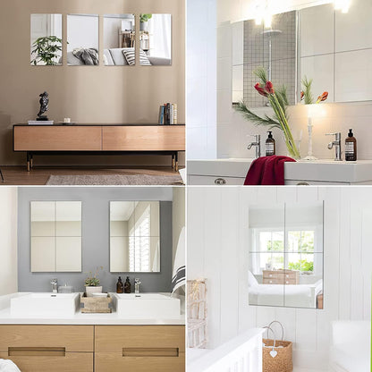 JUNEBRUSHS 4 Pack Self Adhesive Acrylic Mirror, 8 x 8 Inch Mirror Tiles,Flexible Plastic Mirror Sheets Wall Stickers,2MM Thick Mirrors