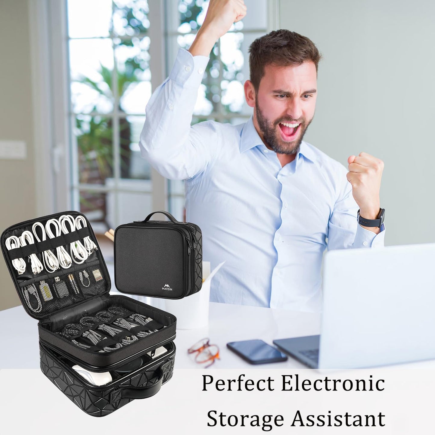 MATEIN Cable Organizer Bag, Waterproof Travel Electronic Storage with Adjustable Divider, Shockproof Portable Double Layer Tech Bag Carrying Case for Cord, Earbuds, Charger, SD Card, DJ Gifts, Black