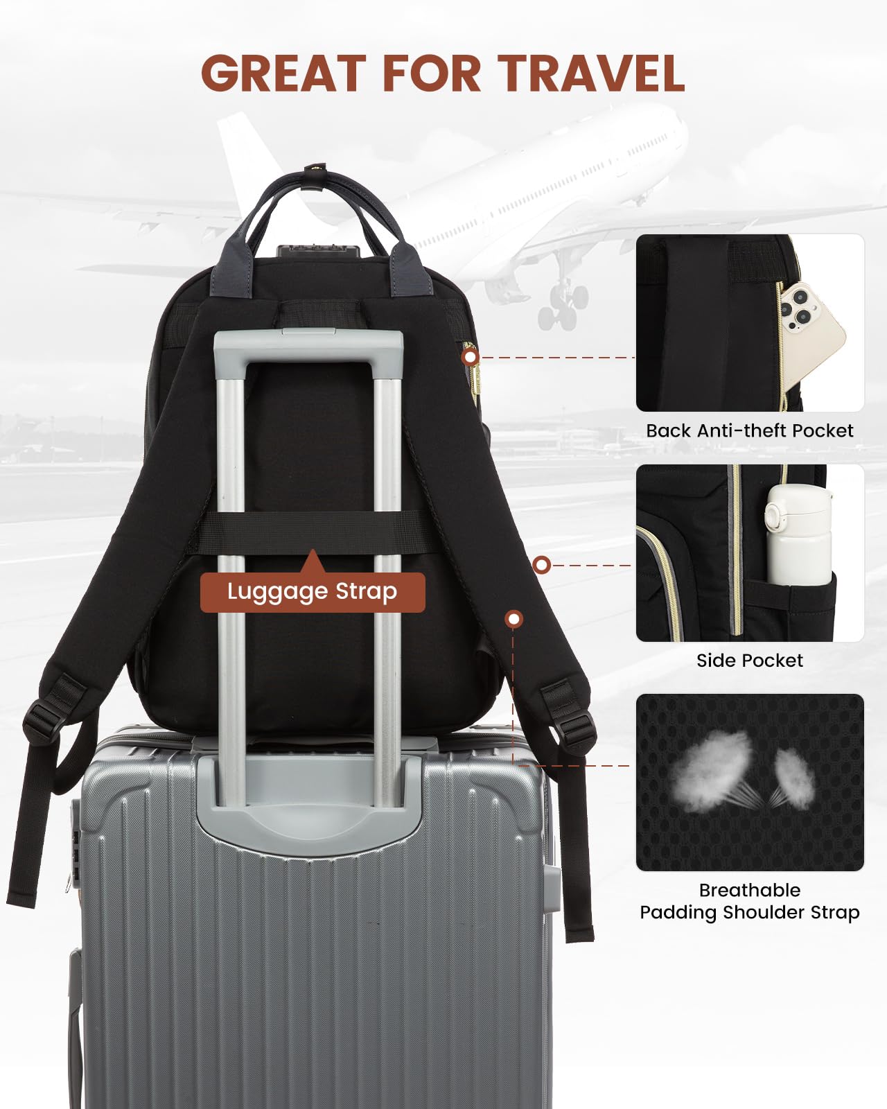 LOVEVOOK Laptop Backpack for Women, Unisex Travel Anti-theft Bag, Business Work Computer Backpacks Purse for Men, Casual Hiking Daypack with Lock, 15.6 Inch, Black-Grey