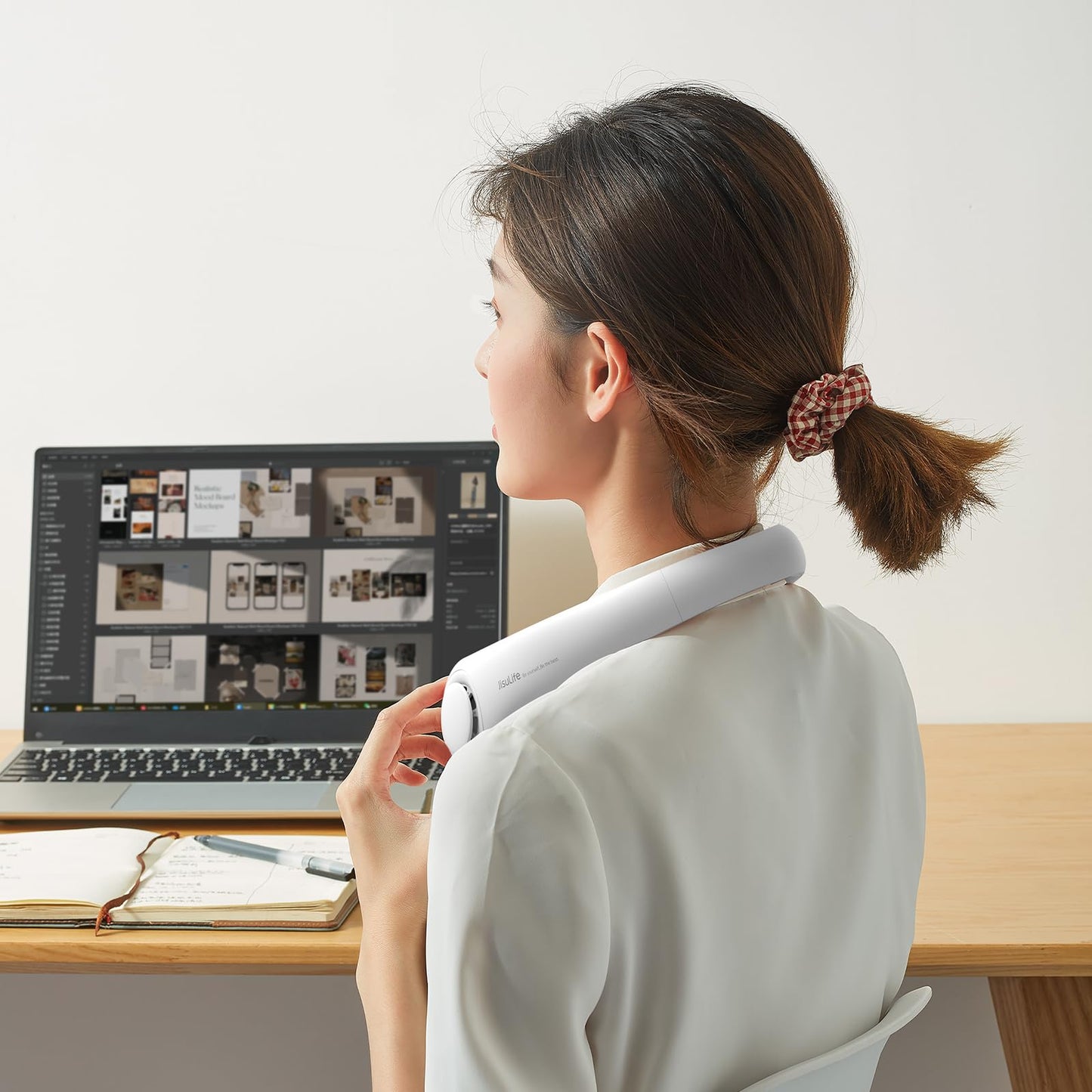 JISULIFE Neck Fan Portable, Personal Wearable Fan with Battery Rechargeable, Bladeless Travel Cooling Design with Powerful Wind, 3 Speeds, Quiet, Gifts for Men/Women/Friends - Grey