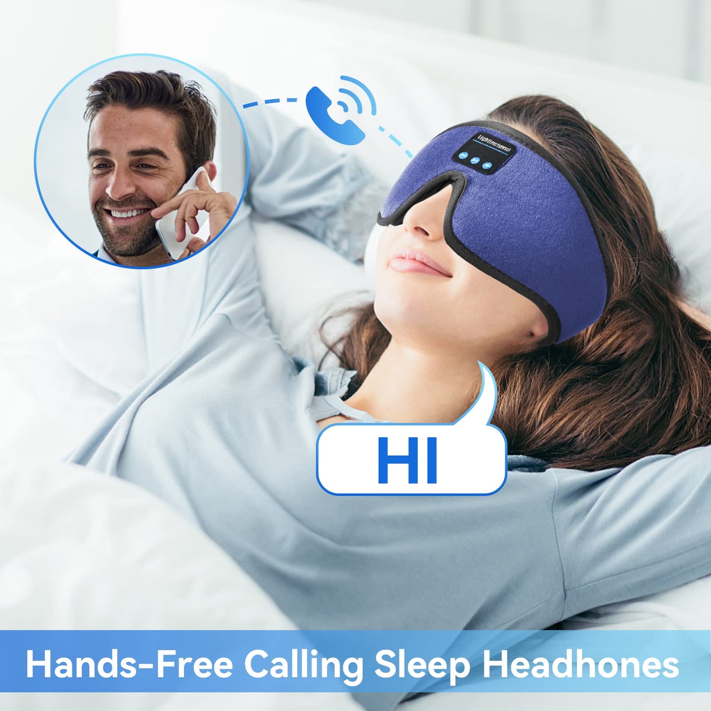 LIGHTIMETUNNEL Sleep Headphones, 3D Bluetooth Sleep Mask, Washable Sleeping Headphones with Ultra Thin Stereo Speakers Microphone Hands Free for Insomnia Travel Blue Color
