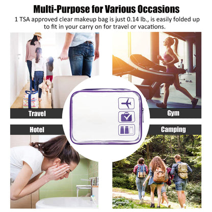 MODENGKONGJIAN TSA Approved Toiletry Bag, 3 Pcs Clear Toiletries Bags Quart Size Travel Makeup Cosmetic Bag for Women Men, Carry on Airport Airline Compliant Bag (Purple)