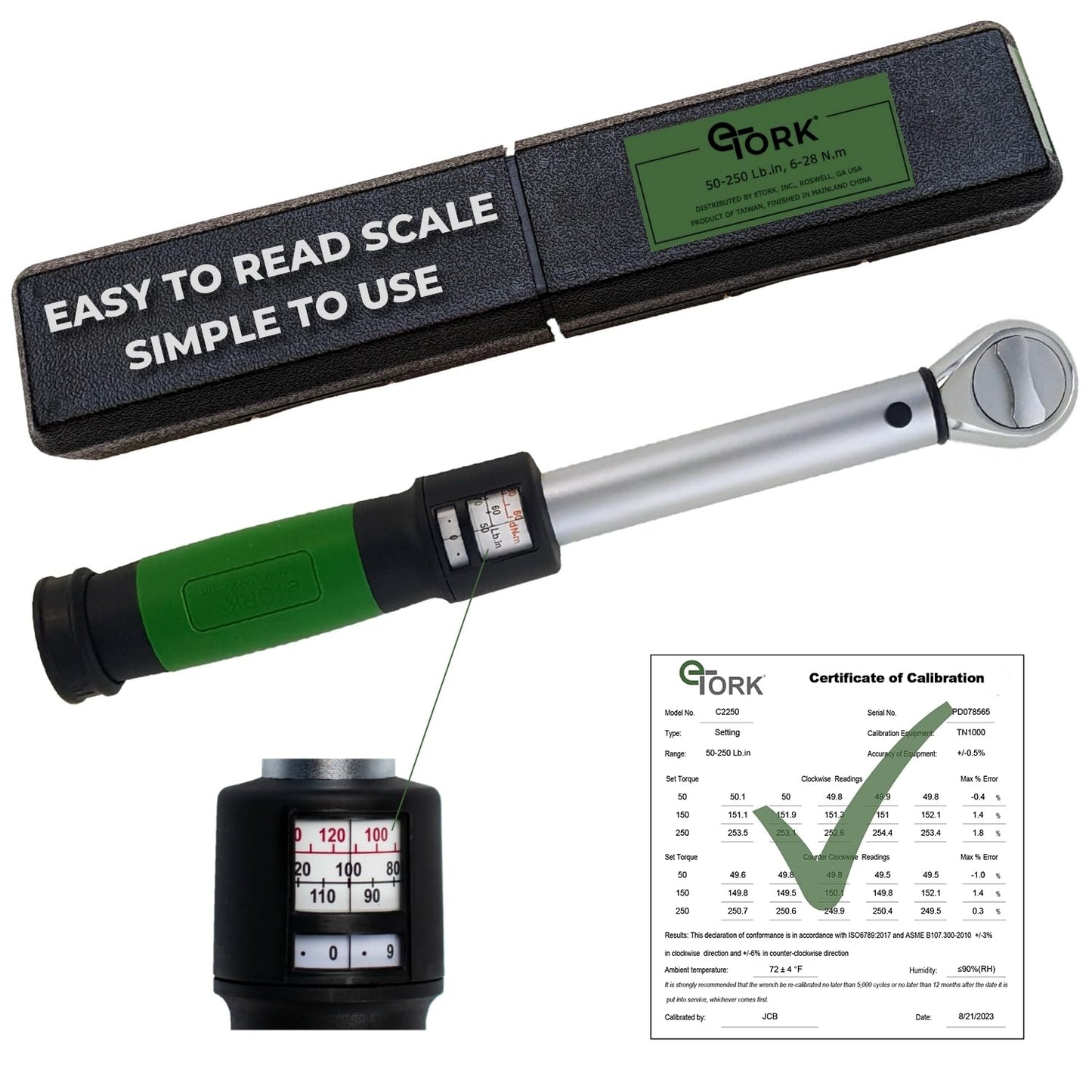 eTORK - Click-Style Torque Wrench - 3/8 Inch Drive 50-250 in.-lb., Ratchet Mechanic Tool Set Socket Wrench, Easy Read Scale, Ergonomic Grip Precision, Automotive Repairs, Professional Hand Tools