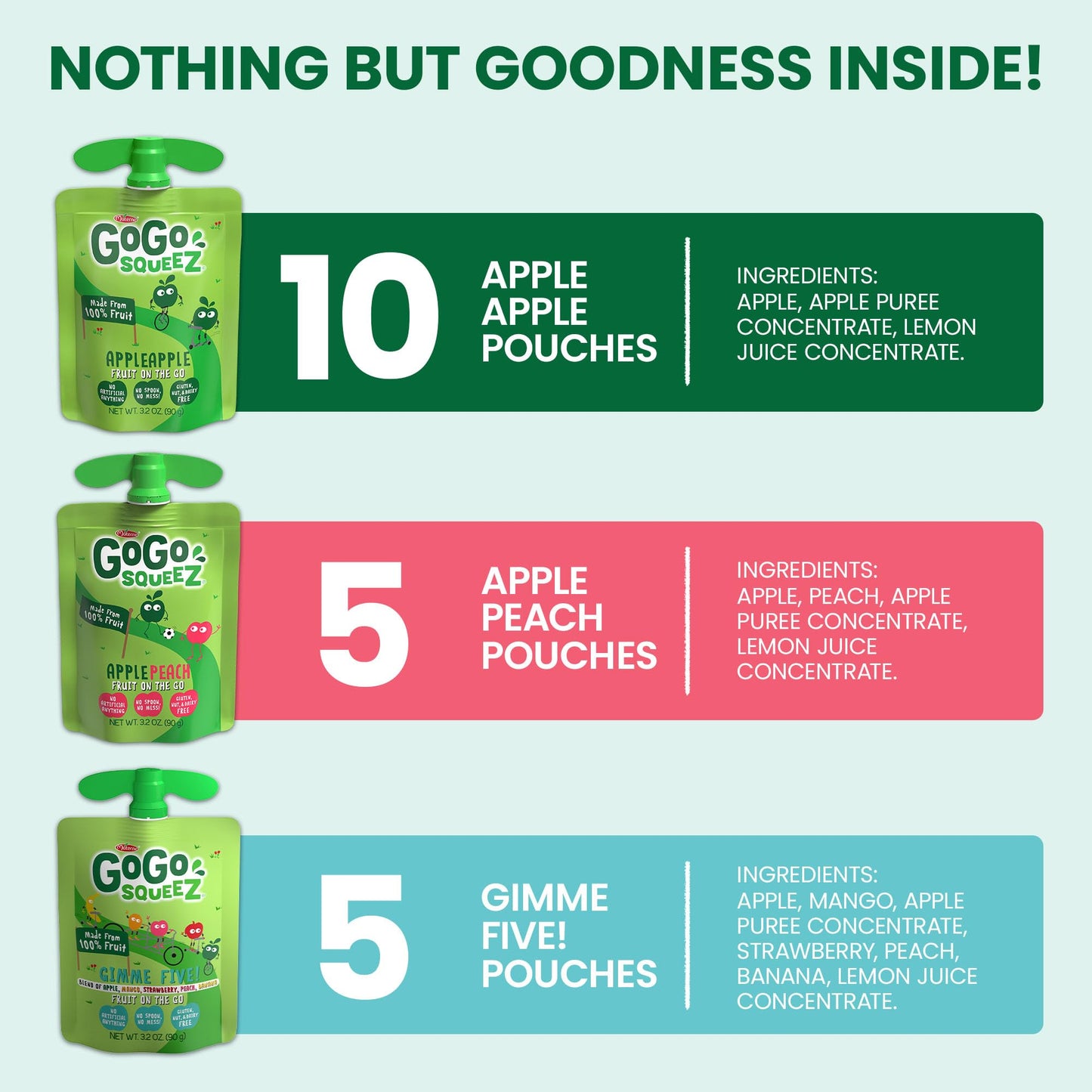 GoGo squeeZ Applesauce and Fruit Puree Variety Pack, Apple, Peach & Gimme Five!, 3.2 oz (Pack of 20), Unsweetened Fruit Snacks for Kids, Gluten Free, Nut Free and Dairy Free, BPA Free Pouches