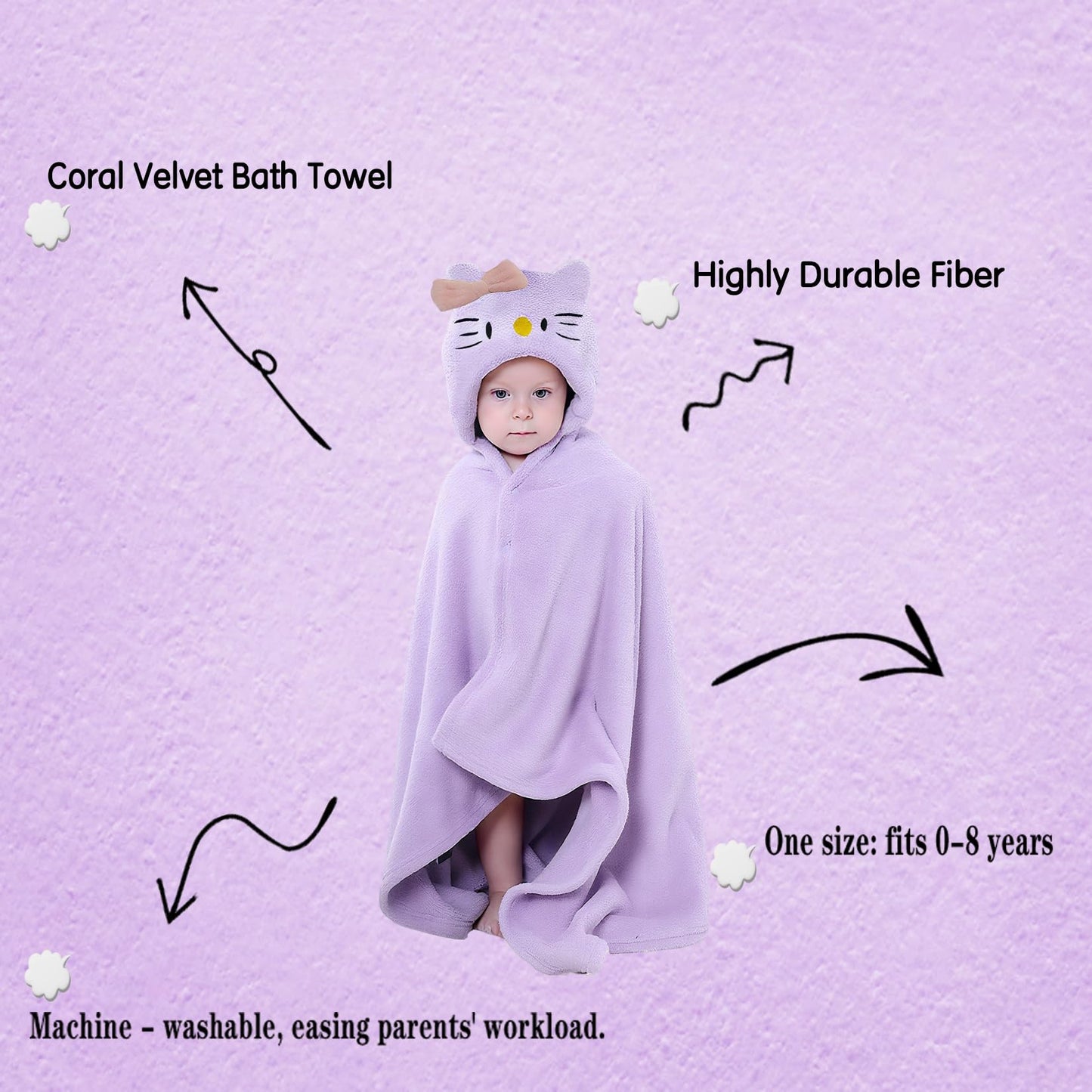 IFaryMes Toddler Bath Towel Baby Towels with Hood 27.5"X55" Ultra Absorbent Soft Bathrobe Blanket Kids Shower Towel for Girls and Boys(Purple-Cat)