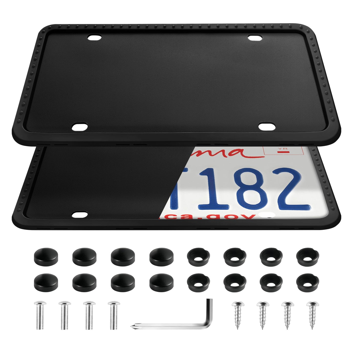 LivTee Silicone License Plate Frames Covers, 2 Pack Universal American Car Accessories License Plate Bracket Holder with Bolts Washer Caps, Rust-Proof, Rattle-Proof, Weather-Proof, Black
