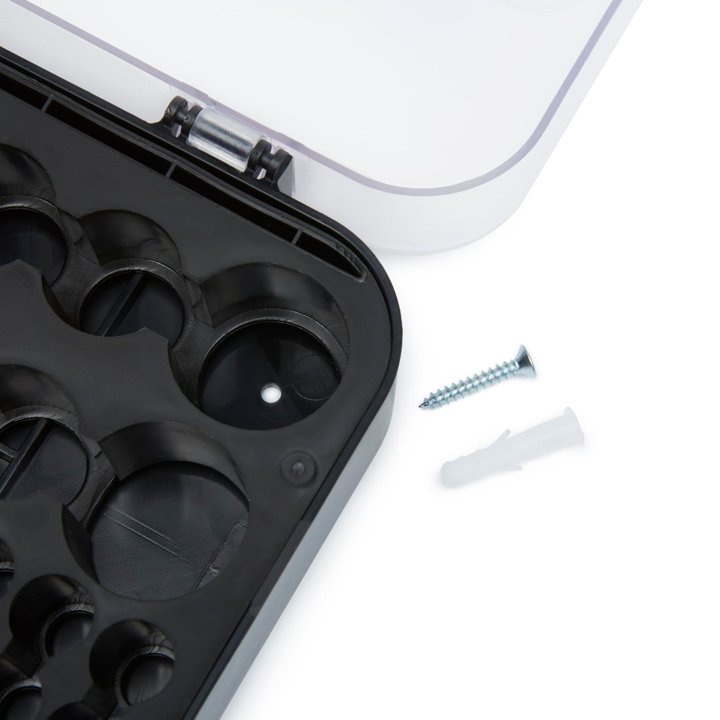 Amazon Basics Battery Organizer with Tester, Wall-Mounted Design, Handle Holds 110 Batteries, Clear/Black