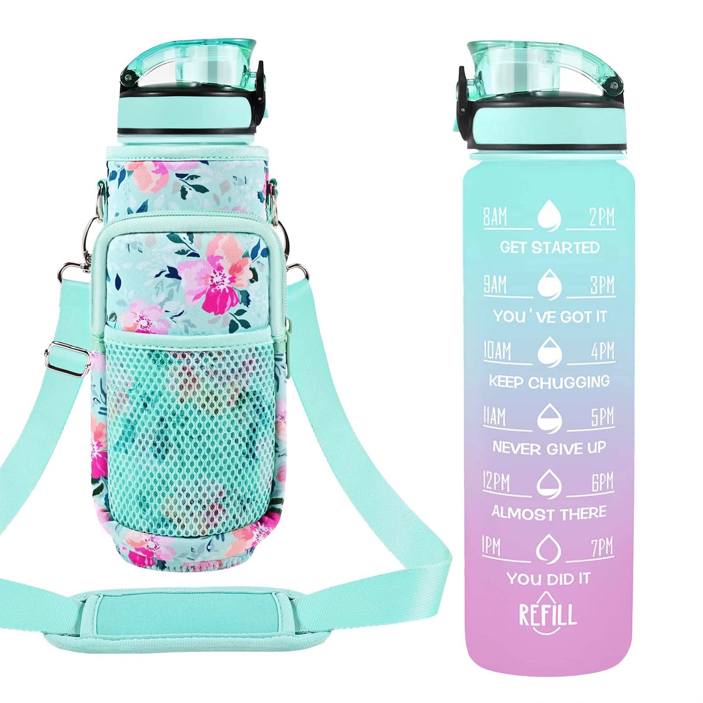 Newfad 32 oz Water Bottles with Straw & Strap, Motivational with Times to Drink, BPA Free Reusable Sports Water Bottle with Sleeve for Hiking, Travel, Running or Fitness (Spring Bouquet)