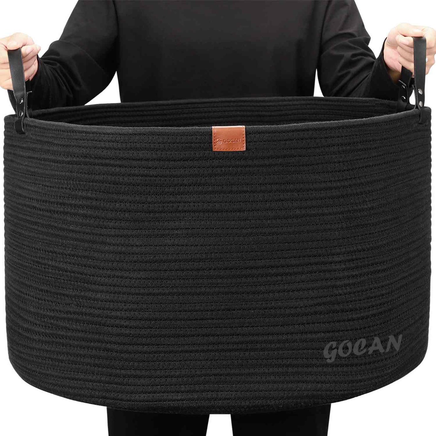 GOCAN Extra Large Storage Laundry Basket 22" X 22"X 14" Cotton Rope Woven for Blanket Basket with Handles for Living Room Toys Storage XXXL (Pure Blk)