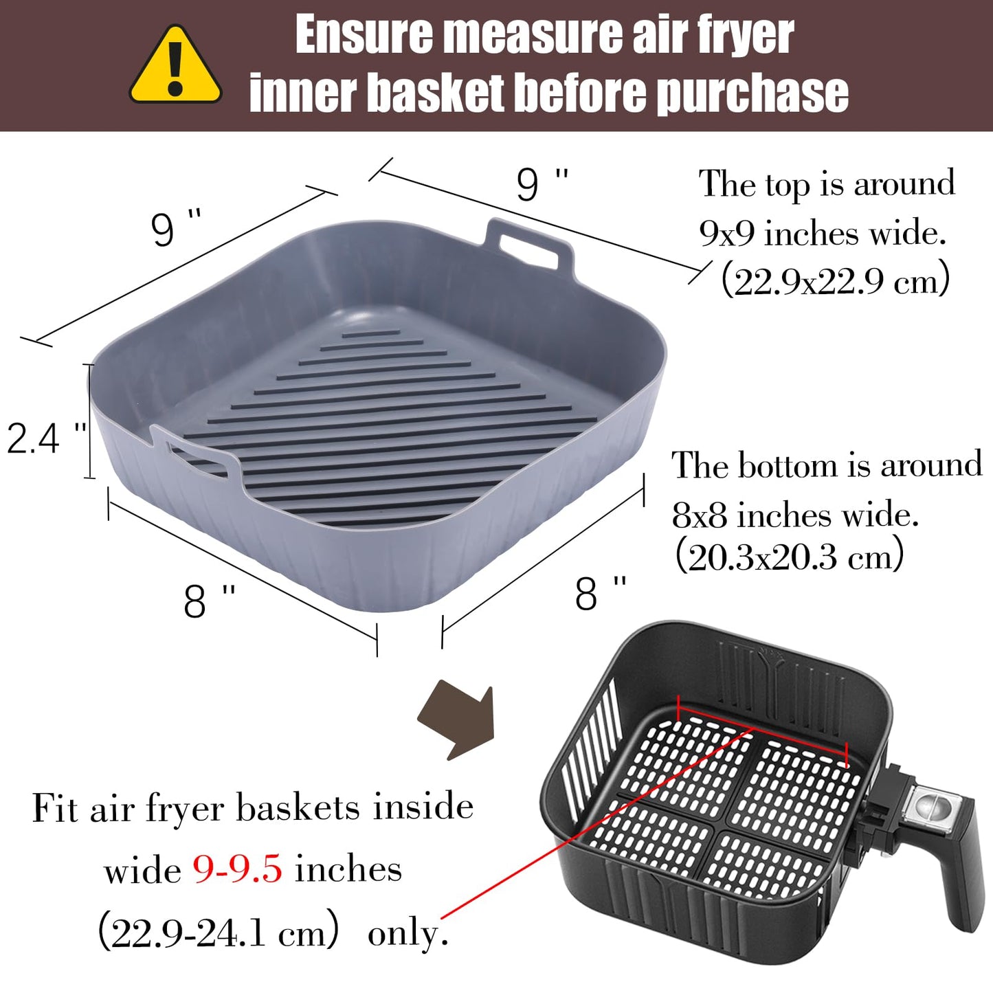 Golden Associate Silicone Liners Square for Air Fryer, 2 Pcs Non-stick Food-grade Reusable Basket Silicone Pot Baking Tray Airfryer Accessories, Top Size 9 inches, Bottom Size 8 inches