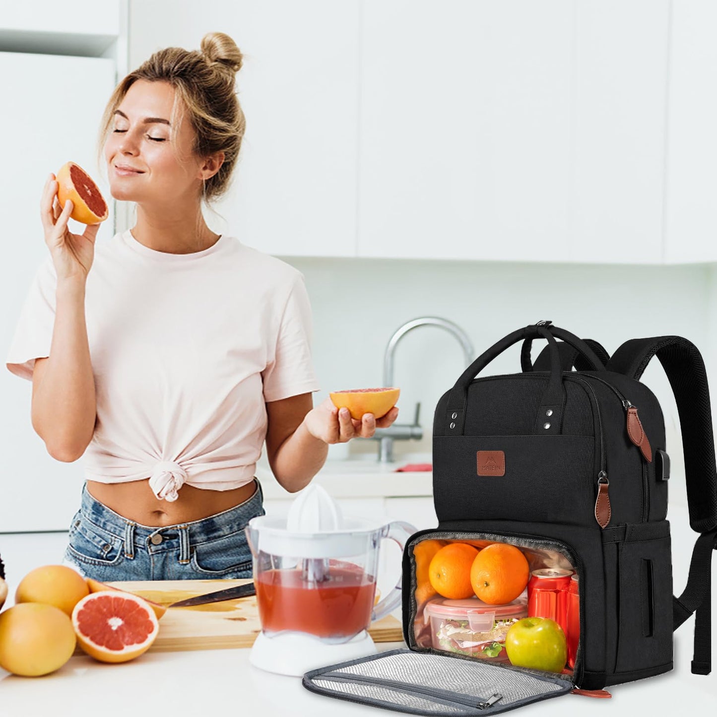 MATEIN Work Backpack for Women, Insulated Cooler Backpacks with Lunch Box, 15.6 Inch Laptop Backpack with USB Port Reusable Water Resistant Tote Food Bag for College Beach Camping Picnics Womens Gifts