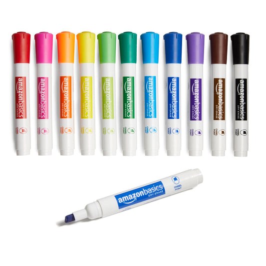Amazon Basics Dry Erase Markers For Whiteboards, Chisel Tip, Low-Odor, Assorted Colors, Pack of 12