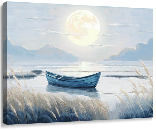 amatop Coastal Bathroom Wall Art Blue Beach Nautical Ocean Nature Canvas Picture with Boat Moon Lake Mountain Sea Relaxing Serene Landscape Gallery Wrapped Artwork for Modern Home Bedroom Decor 16x12