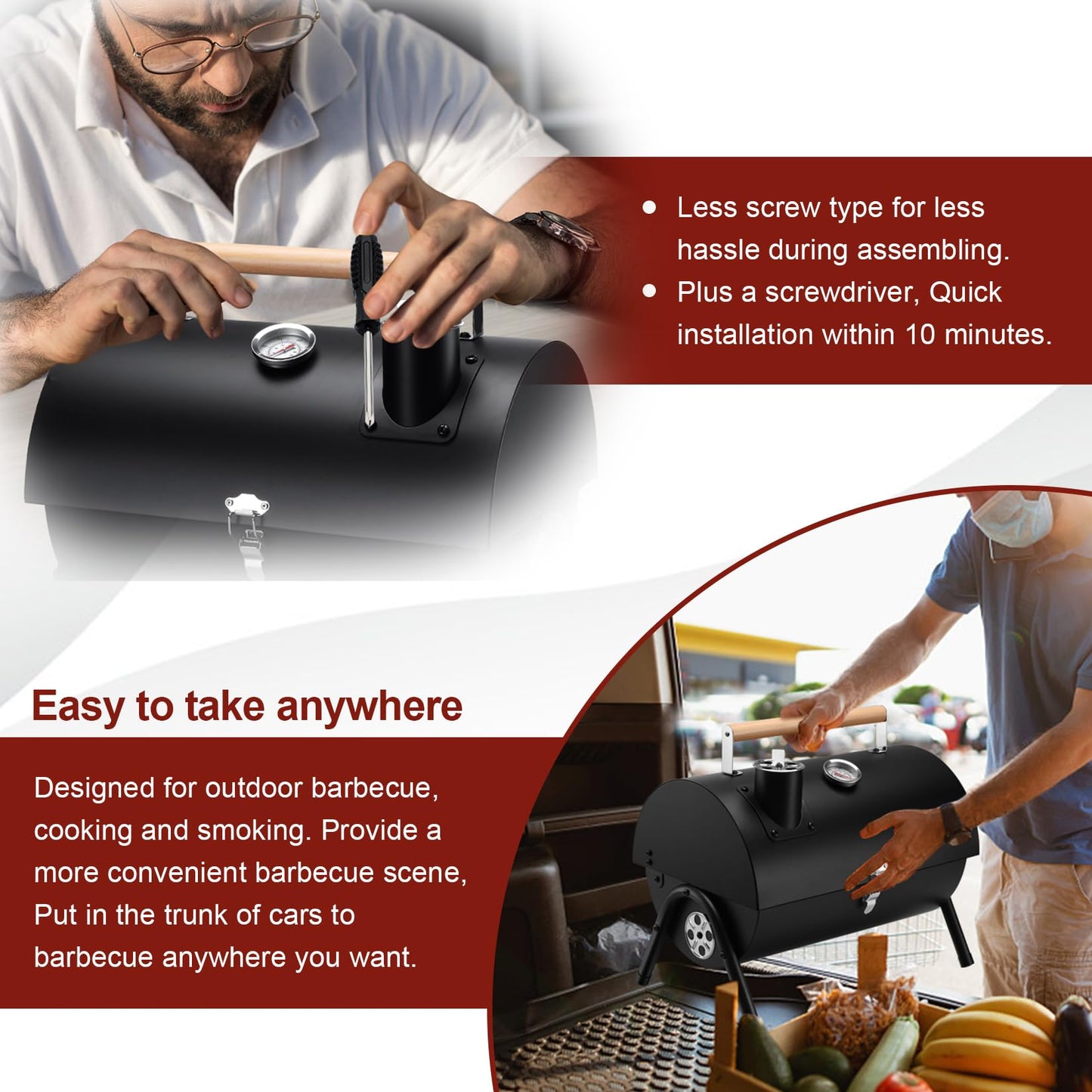 Joyfair Portable Charcoal Grill with Thermometer, Small Tabletop Barbecue Grill for Outdoor Camping Backyard Party BBQ Cooking, Extra Thick Steel & Heavy Duty, Innovative Design & Easy Assembly