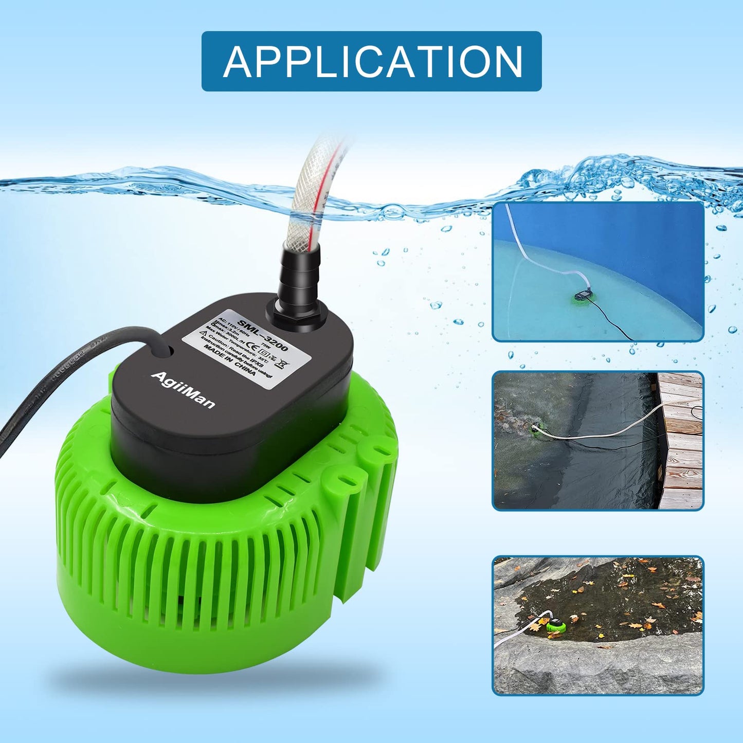 Pool Cover Pump above Ground - Submersible Water Sump Pump Swimming Water Removal Pumps, with Drainage Hose & 25 Feet Extra Long Power Cord, 850 GPH inGround, 3 Adapters