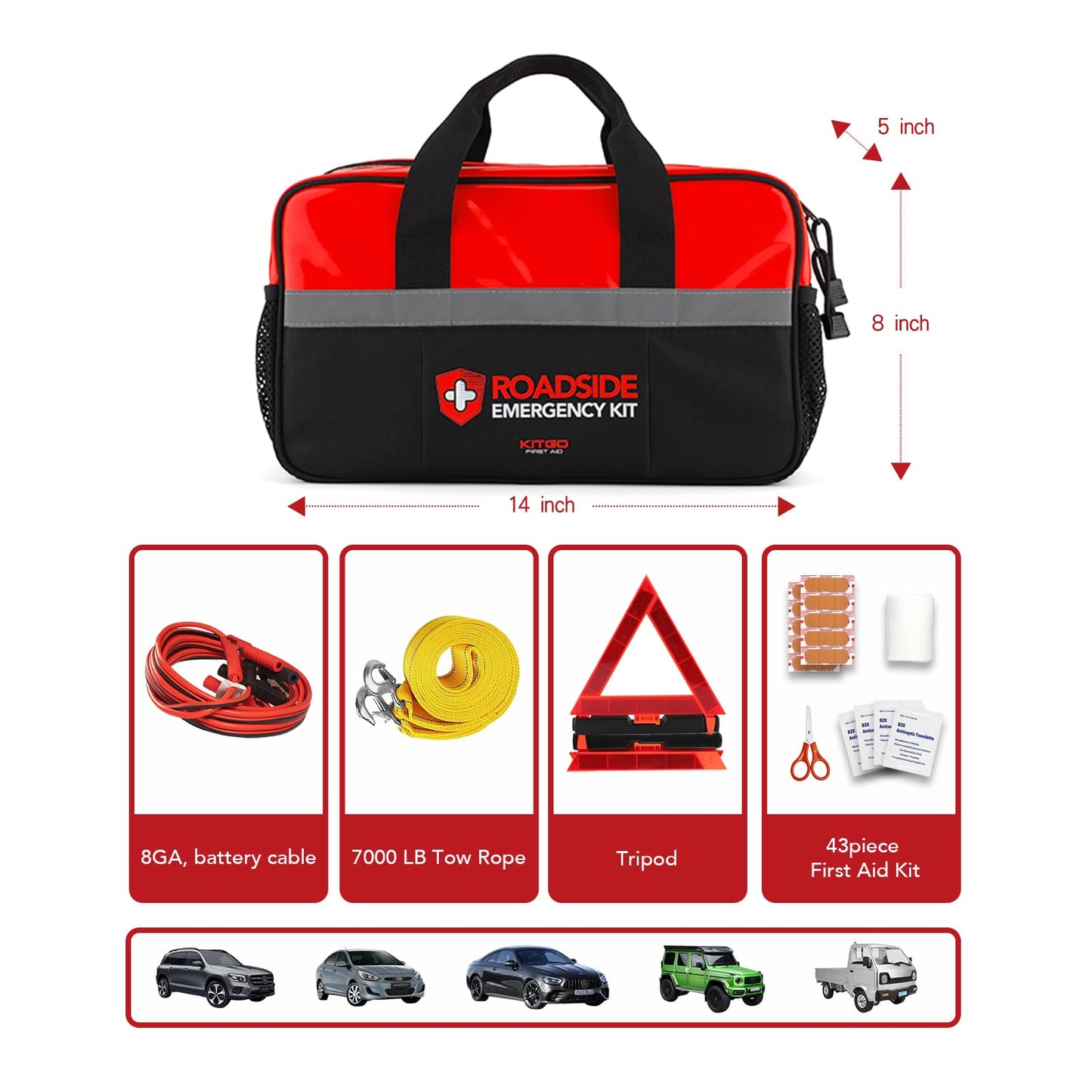 Kitgo Car Emergency Kit,Premium Roadside Assistance Essentials with Jumper Cables, Flashlight, Shovel, Screwdriver Set - Ideal Auto Road Safety Kit, Survival, Truck, RV and More Gift for Father (Red)