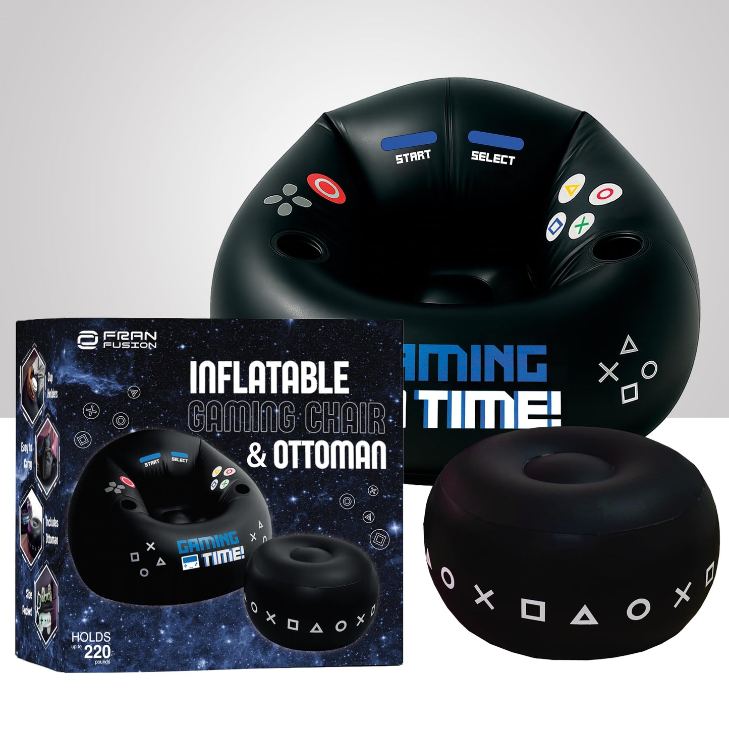 FranFusion Inflatable Gaming Chair for Kids & Teens with Cup Holders and Side Pocket - This Air Bean Bag Game Chair is The Perfect Furniture for Gamer Room Décor (Gaming Time with Ottoman)