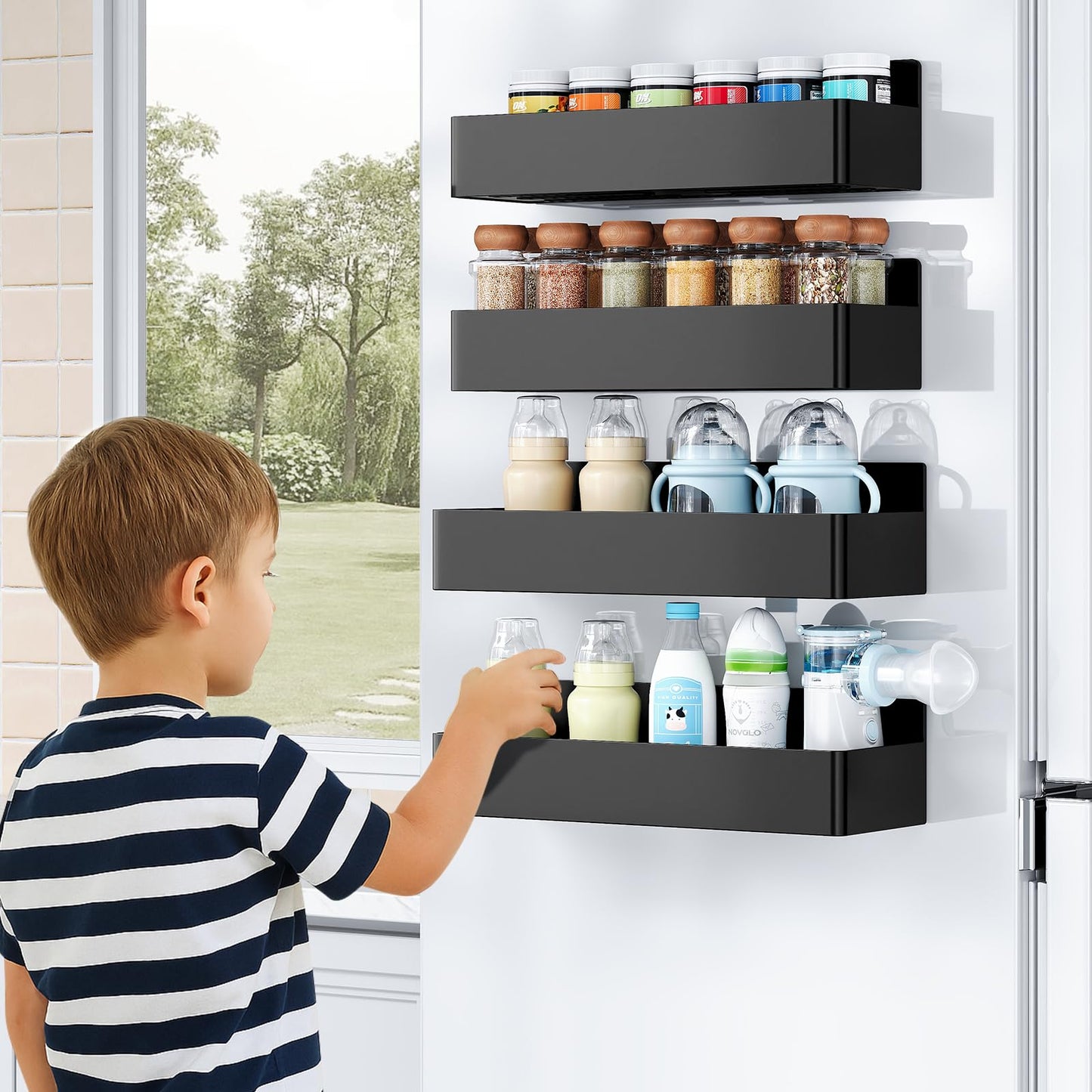 Mystozer Magnetic Spice Rack for Refrigerator, Kitchen Organizer and Storage Shelf, Black (4 Pack)…