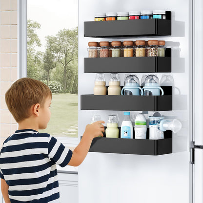 Mystozer Magnetic Spice Rack for Refrigerator, Kitchen Organizer and Storage Shelf, Black (4 Pack)…