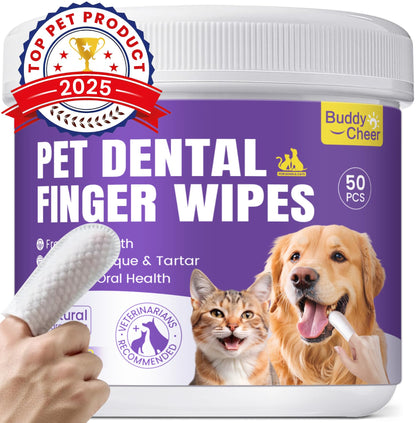 No-Rinse Dog Dental Care Wipes, Cat & Dog tooth brushing kit, Dog Wipes for Pet & Cat Teeth Cleaning, Dog toothbrush Finger Dental Wipes to Remove Plaque & Tartar, Disposable Dog Wipes - 50 Count