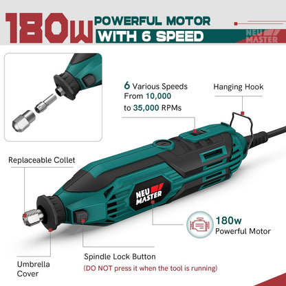 NEU MASTER 180W Rotary Tool Kit, Corded Power Rotary Tools with 160 Accessories and 6 Variable Speed, 10000-35000RPM Electric Drill Set for Handmade Crafting Projects and DIY Creations