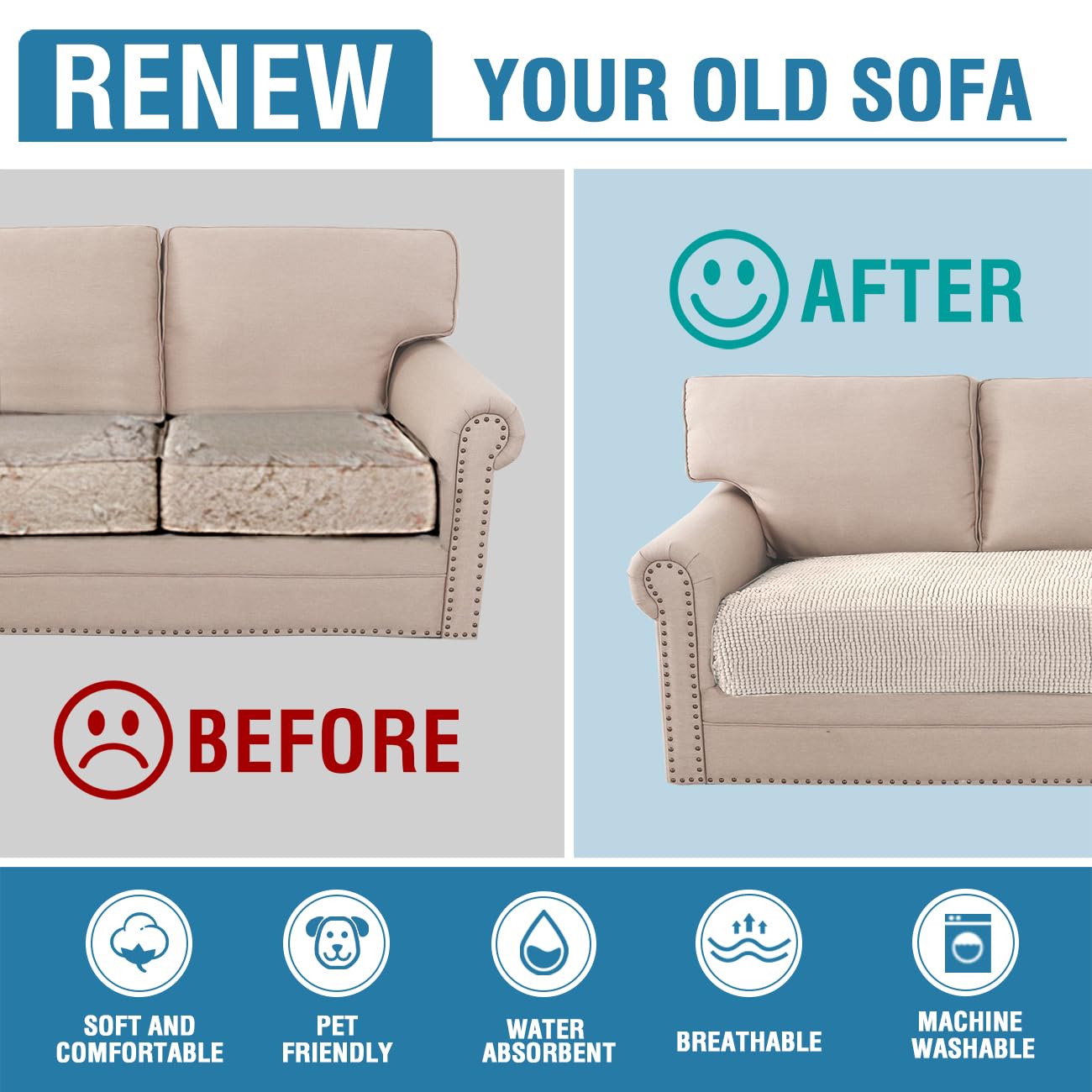 H.VERSAILTEX Plush Chenille Dog Bed Cover Thick Soft Sofa Cover for 3 Cushion Couch Anti Slip Couch Cover Furniture Protector for Dog, Pet, Cat (35" x 74", Ivory)