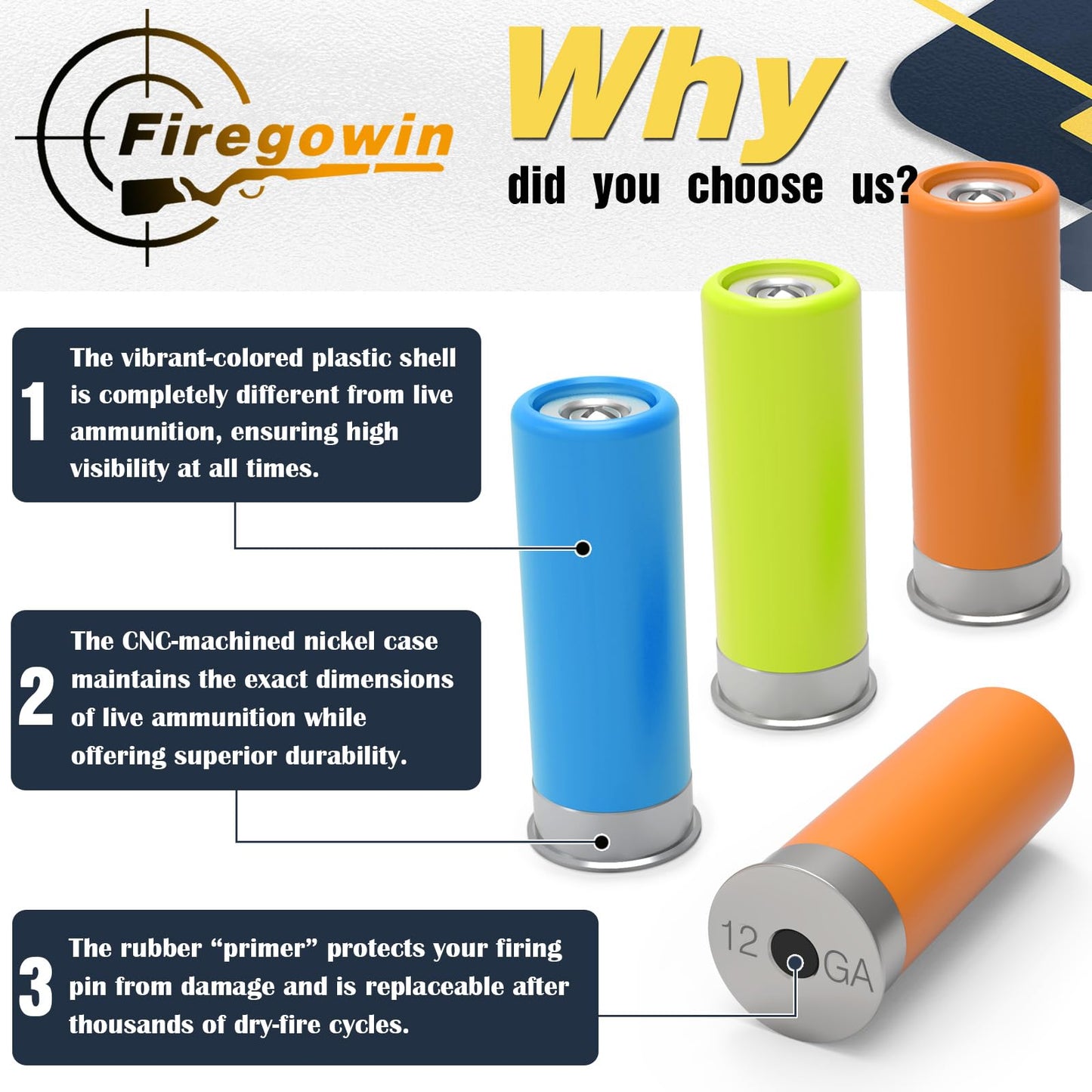 FIREGOWIN Pro 12GA Dummy Rounds – Training Snap Caps, Reusable Dry Fire Training Round with Rubber Primers -Orange Type 5 Pack