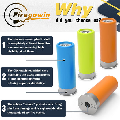 FIREGOWIN Pro 12GA Dummy Rounds – Training Snap Caps, Reusable Dry Fire Training Round with Rubber Primers -Orange Type 5 Pack