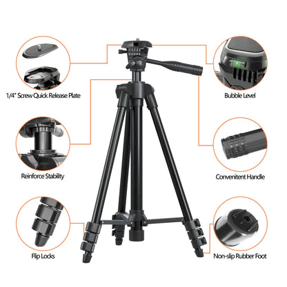 Laser Level Tripod Phone Stand: 51-Inch Aluminum Lightweight Tripod with 1/4" Screw Mount, Phone Holder and Bubble Level for iPhone and Line Lasers Measuring Tools, Carry Bag Included | Matte Black
