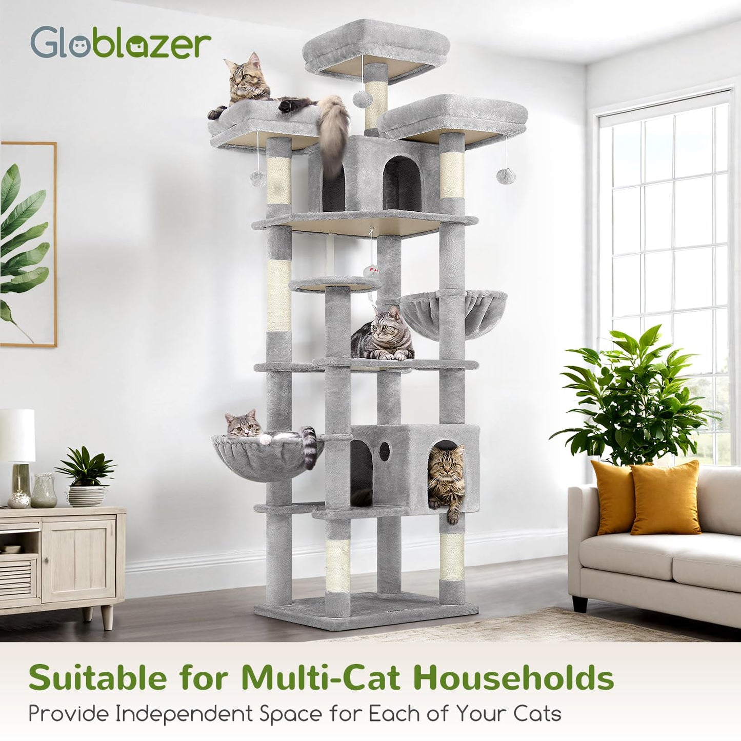 Globlazer Cat Trees and Towers for Multiple Adult Cats, 82-inch XXL Tall Cat Tree Tower for Indoor Cats with Scratching Post, 3 Perches, 2 Condos, 2 Hanging Baskets, F82, Light Grey