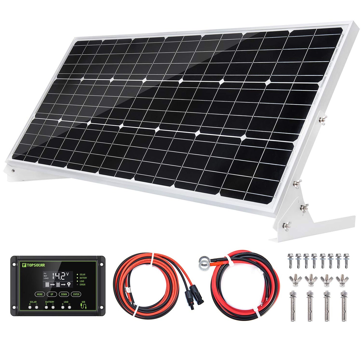 Topsolar 100W 12V Solar Panel Kit Battery Charger 100 Watt 12 Volt Off Grid System for Homes RV Boat + 30A Solar Charge Controller + Solar Cables + Brackets for Mounting