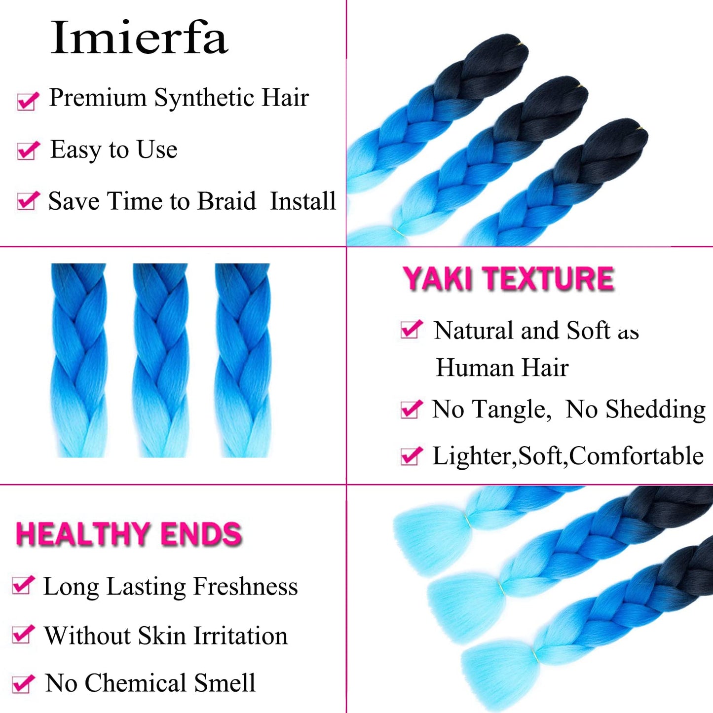 Ombre Braiding Hair Extensions High Temperature Synthetic Hair 3 Tone Color for Twist Braids Box Braids Crochet Hair (Black-Blue-Light Blue 24" 3PCS)