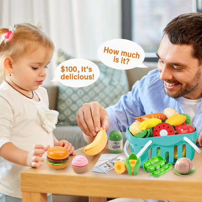 130Pcs Kitchen Playset, Toddler Pretend Cooking Play Pots, Pans, Utensils Cookware, Daily Food Fruit Veges, Shopping Storage Basket, Dessert, Prop Money, Learning Gift for Child (Blue)