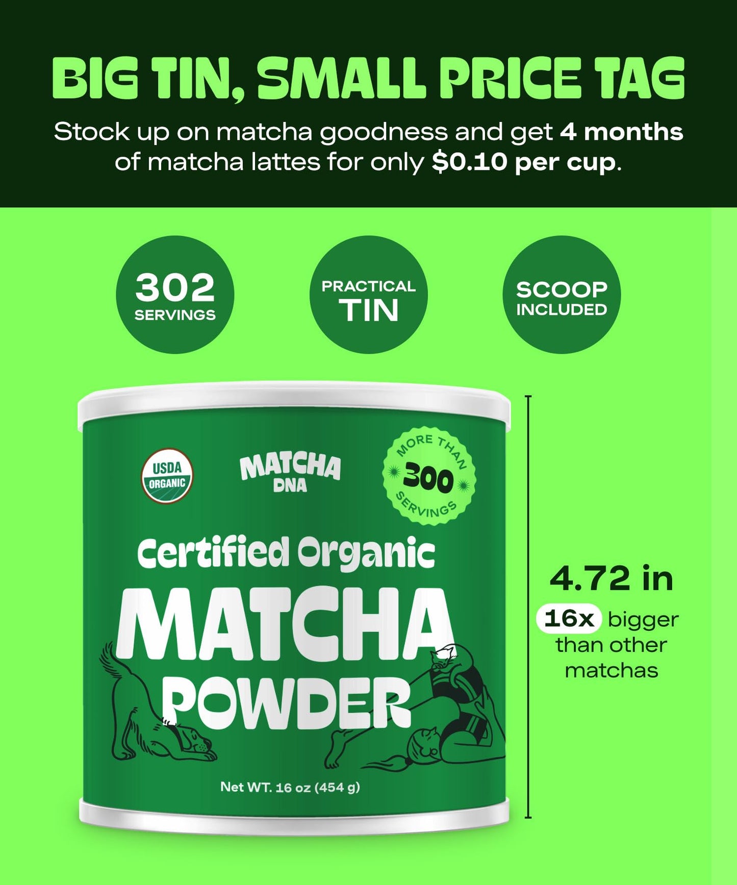 MATCHA DNA Certified Organic Matcha Green Tea Powder (16 oz TIN CAN)