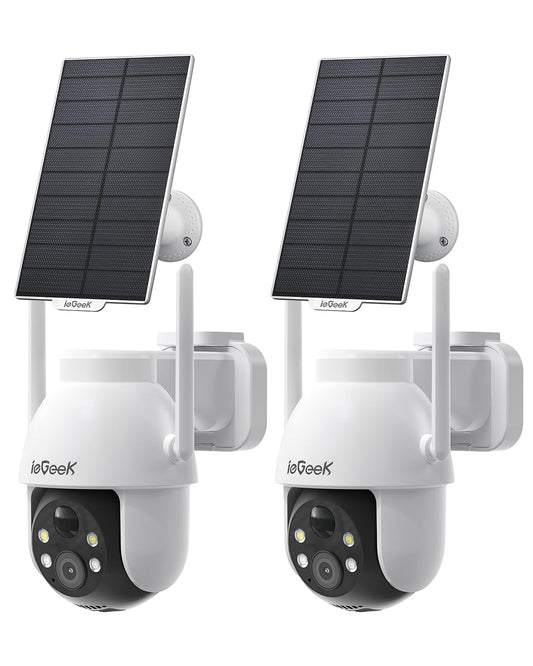 ieGeek Solar Security Cameras Wireless Outdoor, 2K WiFi Camera for Home Security System, Battery Powered Surveillance Cam with 360°PTZ Color Night Vision, PIR Motion Sensor, Works with Alexa (2 Pack)