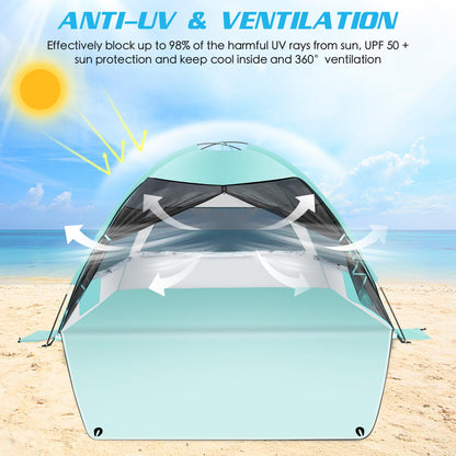 Large Easy Setup Beach Tent,Anti-UV Beach Shade Beach Canopy Tent Sun Shade with Extended Floor & 3 Mesh Roll Up Windows Fits 3-4 Person,Portable Shade Tent for Outdoor Camping Fishing (Mint Green)