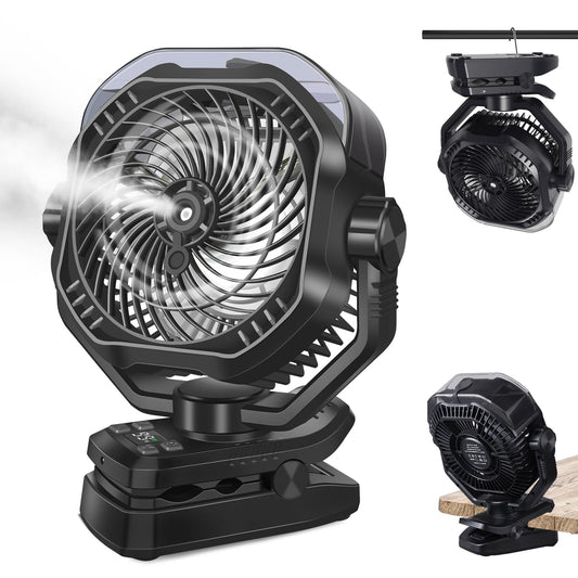 Portable Rechargeable Misting Fan with 12oz Mist, Battery Life Display, Remote, Timer, Light, 5 Speeds, 9-Inch, 20000mAh 120H Battery Powered Clip Fan for Stroller, Travel, Outdoor, Poweroutage