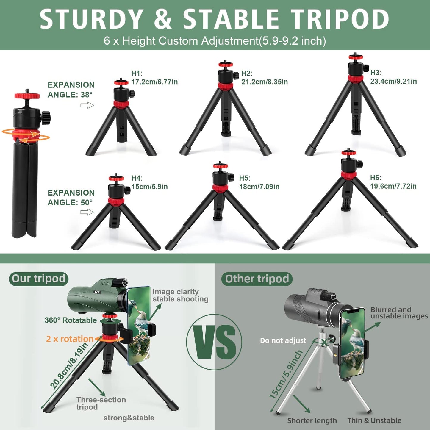 OXK Optics 12x56 High Power Monocular Telescope | Comes with Smartphone Adapter Tripod Travel Bag | Bird Watching Hunting Hiking Camping Gift - Green