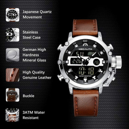 MEGALITH Mens Watches with Leather Waterproof Digital Military Sport Tactical Multifunction Heavy Duty Led Silver Watch for Men, Alarm Stopwatch