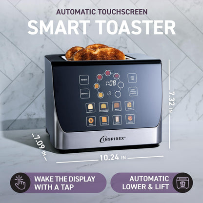 Inspirex Touch Screen Display Smart Toaster, 2 Slice with 8 Bread Type and 7 Browning Modes, Automatic Lowering and Raising, Digital Countdown, Modern Style, Stainless Steel
