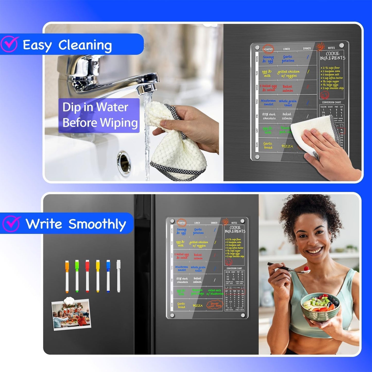 3-in-1 Magnetic Acrylic Meal Planner for Fridge - Clear Weekly Dry Erase Menu Board, Breakfast Lunch Dinner Daily Planner, Healthy Diet Organizer for Kids Teens Family, w/ 6 Markers, 9.5"x12"