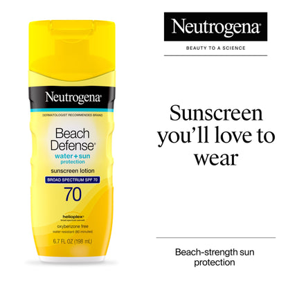 Neutrogena Sunscreen Lotion Beach Defense SPF 70, Face and Body Sunscreen, Hawaii Reef Act 104 Compliant, Octinoxate & Oxybenzone Free, Oil Free, Fast Absorbing Sun Care, 6.7 fl oz