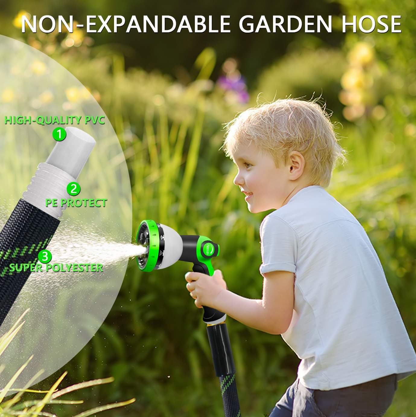 Junredy Garden Hose 25 FT, NON-EXPANDABLE Heavy-Duty Flexible & Lightweight Water Hose with 10-Function Nozzle, No-Kink Design, Leak-Proof Super Fabric, Solid Fittings for Lawn, Car, RV, Outdoor