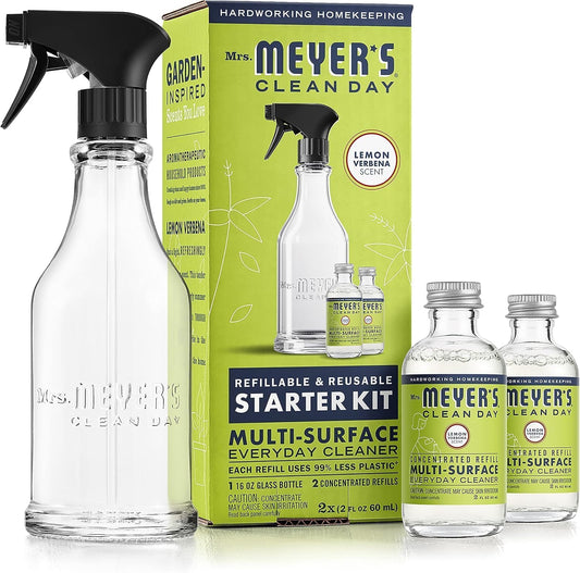 Mrs. MEYER'S CLEAN DAY Multi-Surface Cleaner Dispenser and Concentrate Starter Kit, 1 Glass Dispenser (16 Fl. Oz.) and 2 Concentrated Refills (2 Fl. Oz. each), Lemon Verbena, Makes 32 Fl. Oz. Total