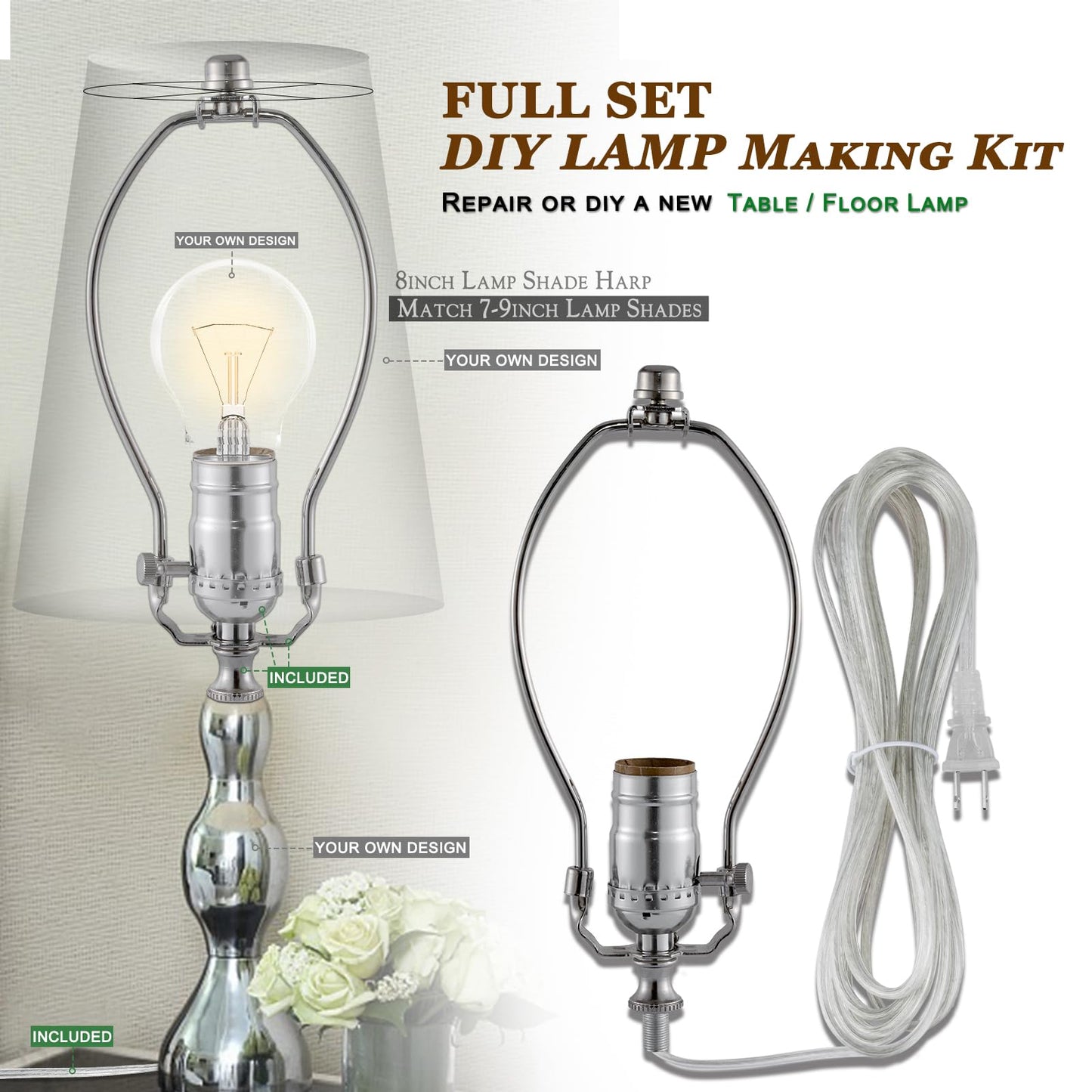 Lamp Making Kit,Make a Lamp or Repair Kit,3-Way Lamp Socket with Matching Cord Lamp Harp Set,Lamp Wiring Kit for Table Floor Lamp,Essential Hardware for DIY Lamp Design or Repair (Silver, 1)