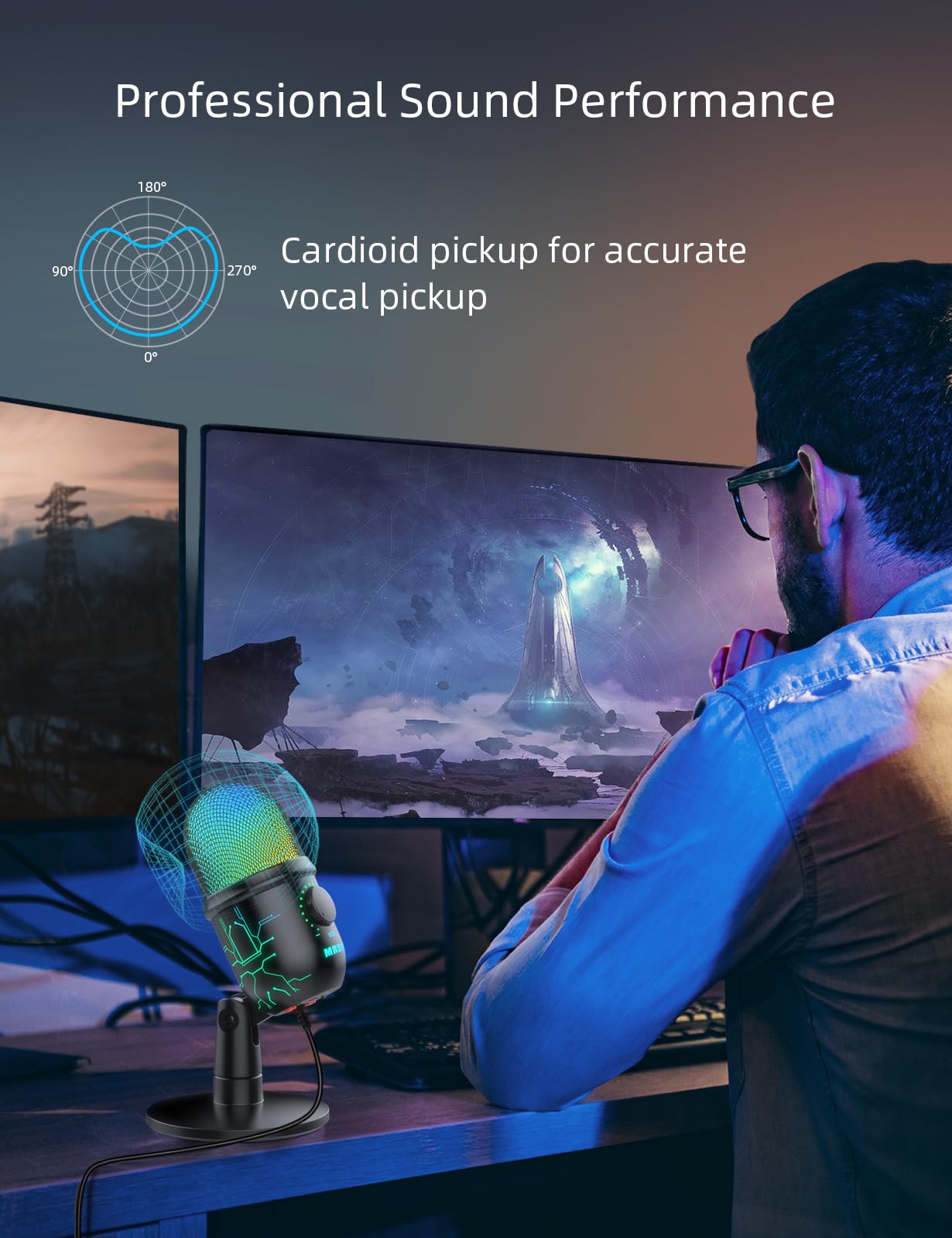 MRSDY Gaming Microphone, USB Computer Microphone for PC, Mac, PS4/5, Condenser Podcast Mic for Studio Recording, YouTube, Streaming, with Headphone Jack, Led Light, Mute, Gain, Noise Cancellation