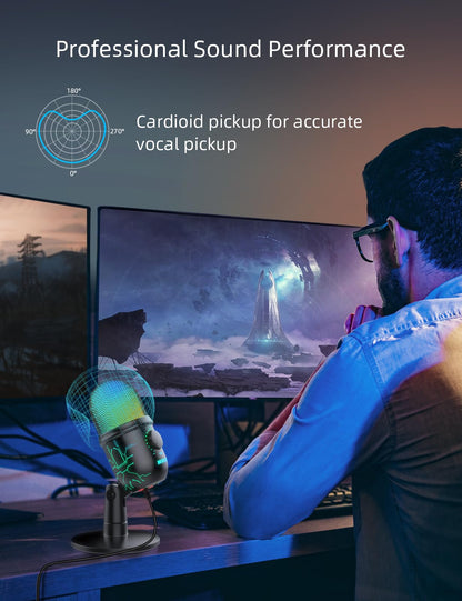 MRSDY Gaming Microphone, USB Computer Microphone for PC, Mac, PS4/5, Condenser Podcast Mic for Studio Recording, YouTube, Streaming, with Headphone Jack, Led Light, Mute, Gain, Noise Cancellation