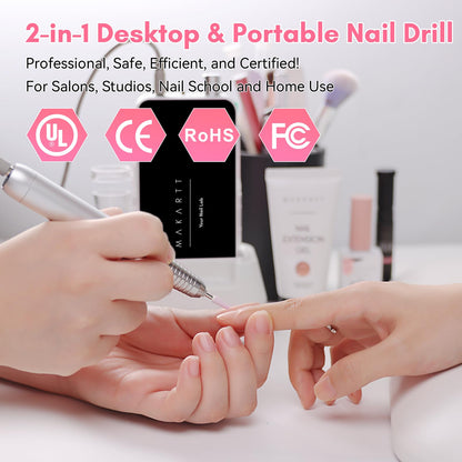 Makartt Electric Nail Drill - 35000RPM Rechargeable Efile with Coreless Motor, Nouvella Portable Nail Filer Machine for Acrylic Gel Removal with Drill Bits Set, Black