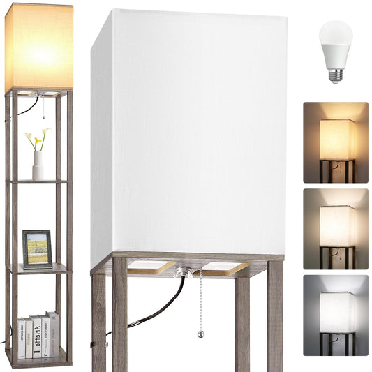 Floor Lamp with Shelves，Wood Corner Floor Lamps for living room tables with 3 CCT LED Bulb,Modern Display Bookshelf Nightstand Lamps,Column Standing Lamp for Bedroom Office Home Decor-Rustic Wood