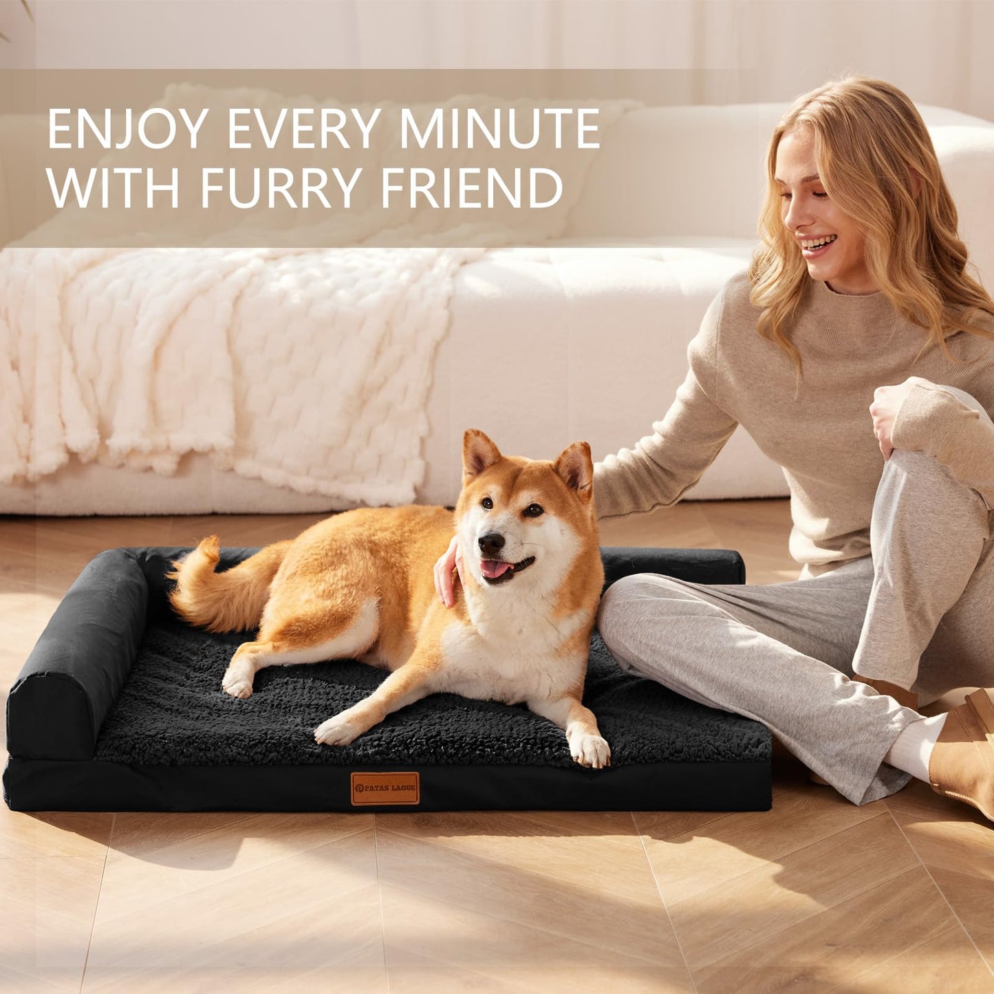 Patas Lague Orthopedic Dog Bed Large Sized Dog 36''X24'', Waterproof L Bolster Medium Pet Sofa Beds with Removable Washable Cover, Soft Comfortable Pet Couch Crate Mat with Nonskid Bottom, Black